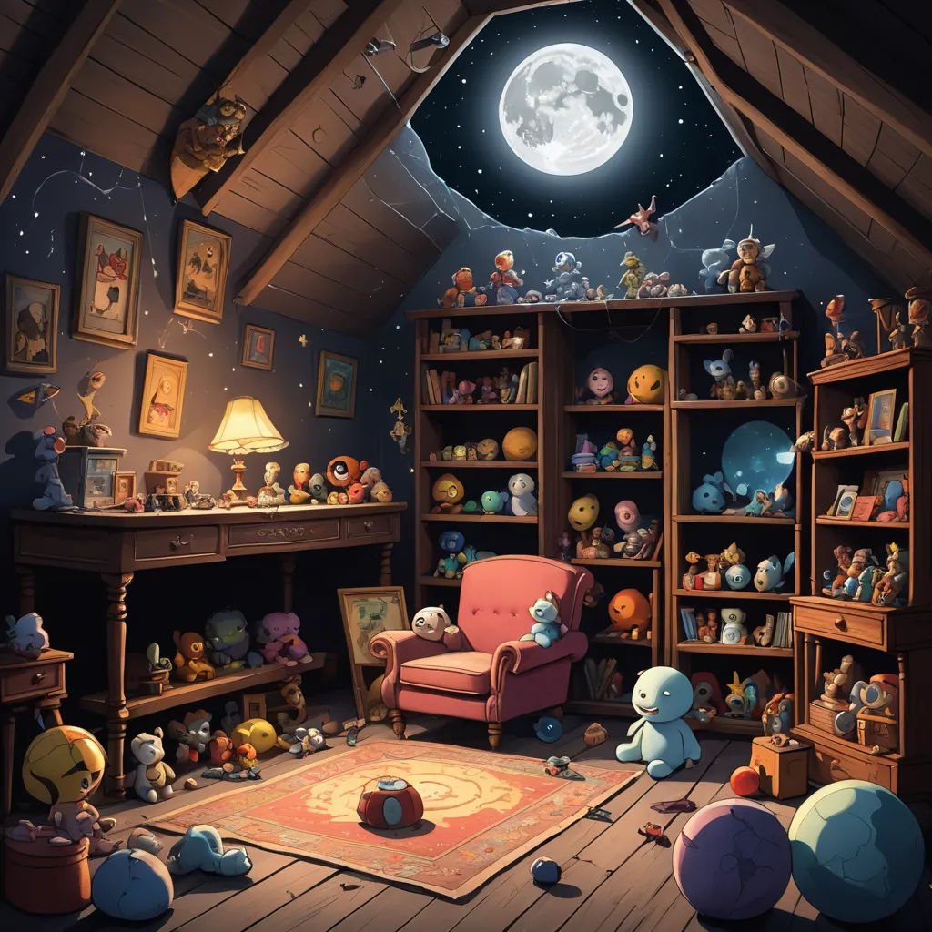 a room with a lot of stuffed animals in it and a chair in the corner of the room with a full moon above, pop surrealism, a storybook illustration, Chris LaBrooy, rossdraws global illumination
