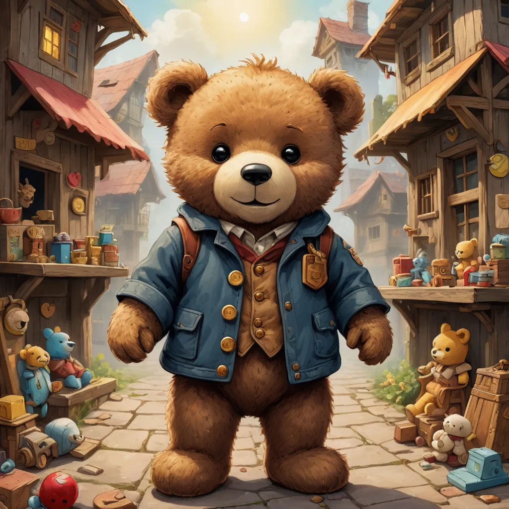 a teddy bear is standing in a village with many toys and buildings in the background, and a person is standing in the foreground, fantasy art, a character portrait, Chris LaBrooy, magic the gathering artwork