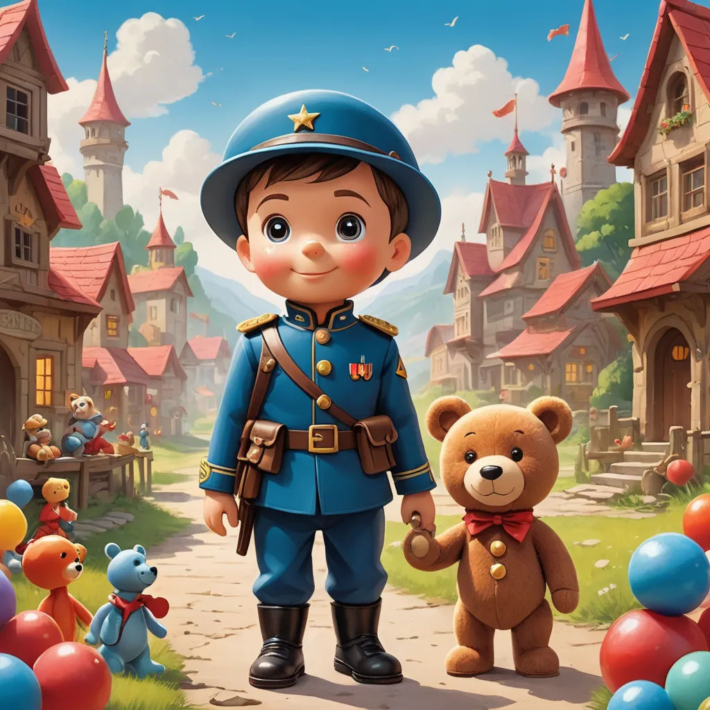 a boy in a uniform holding a teddy bear in front of a castle with balloons and a bear in front of him, naive art, a storybook illustration, Chris LaBrooy, official art
