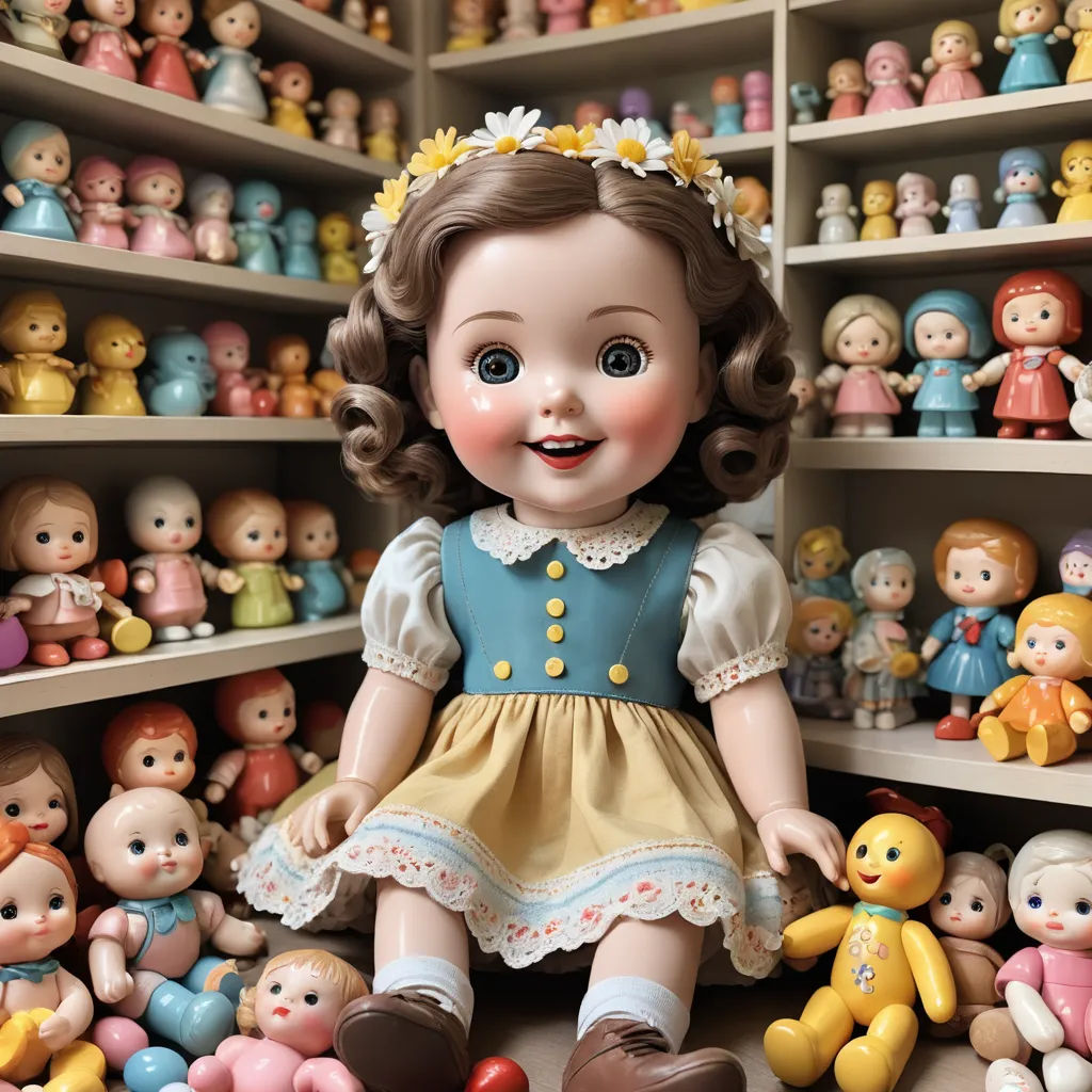 a doll sitting in a room full of dolls and toys on shelves with a girl's dress on, pop surrealism, a digital rendering, Betty Merken, toy