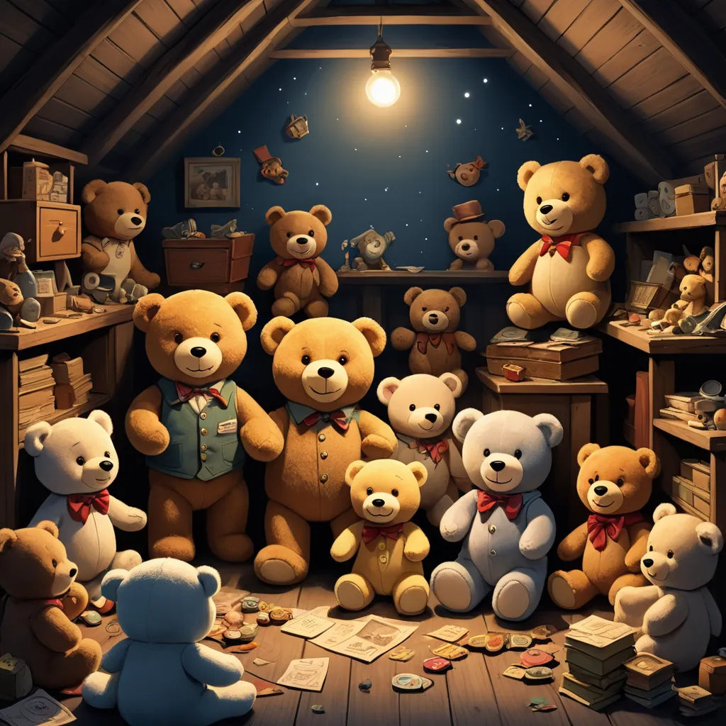 a group of teddy bears sitting in a room with a light on above them and a book shelf with books, furry art, a storybook illustration, Chris LaBrooy, highly detailed digital painting