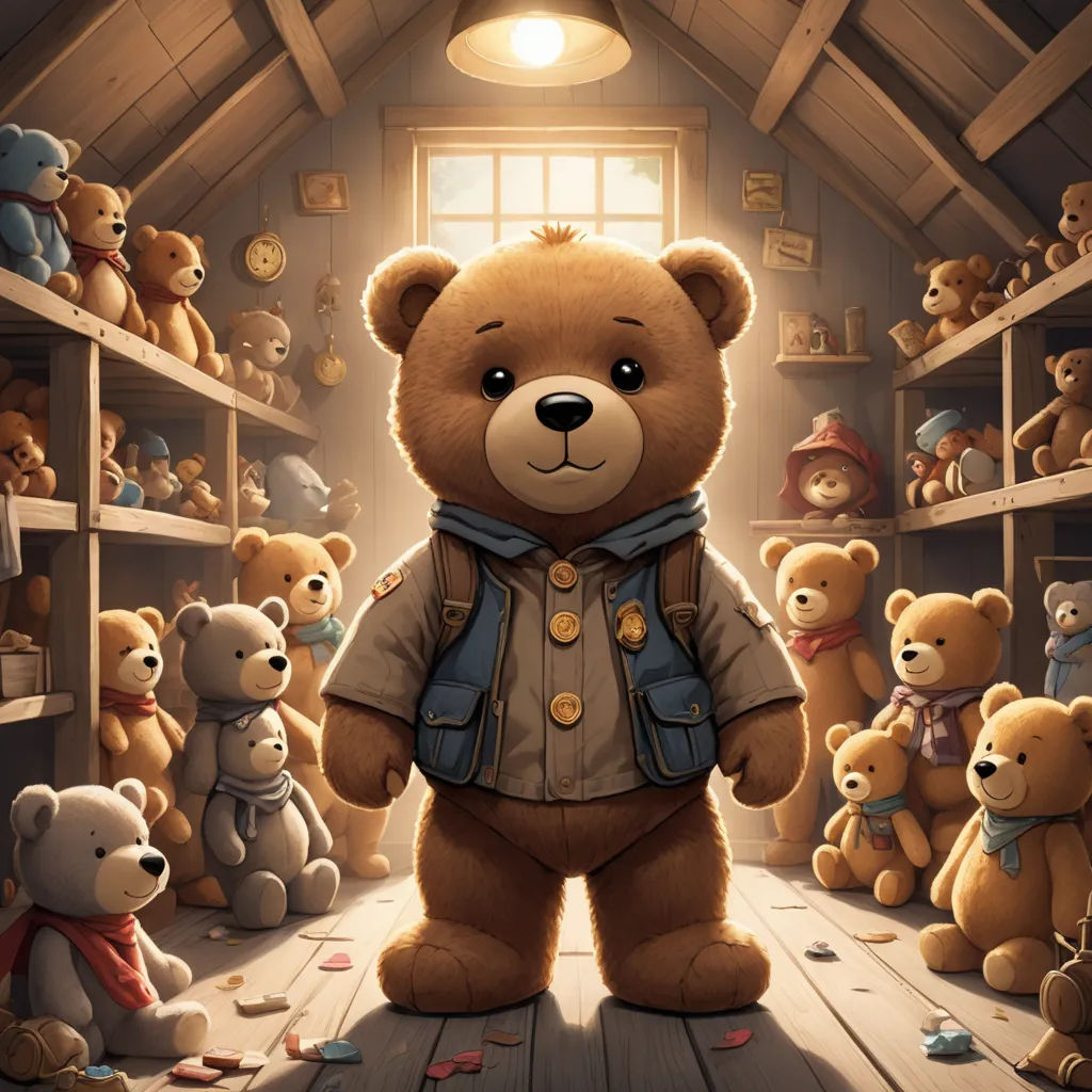 a teddy bear standing in a room full of teddy bears and a light shining in the window above it, sots art, a storybook illustration, Dan Mumford, key art