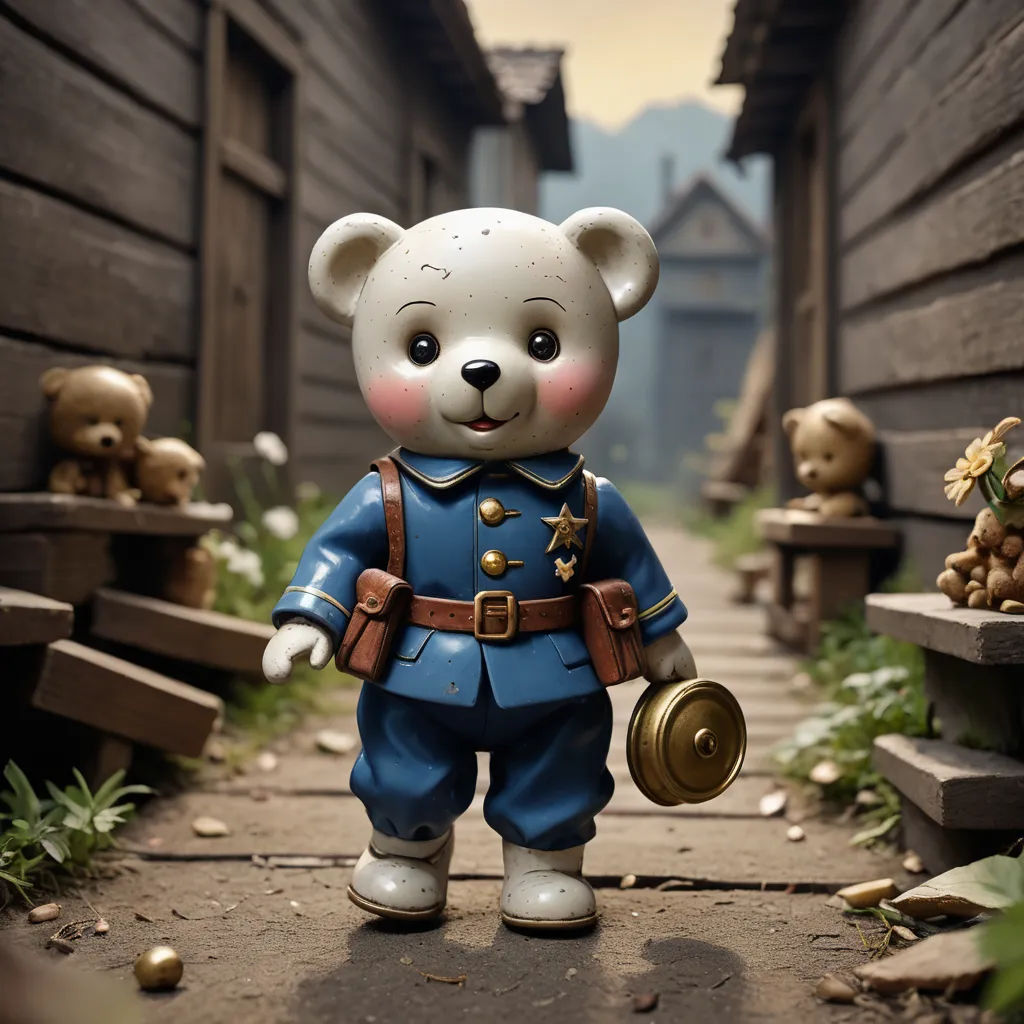 a teddy bear in a uniform is standing in a alley way with other teddy bears in the background and a building with a door, kitsch movement, a character portrait, Chris LaBrooy, unreal engine 5 quality render