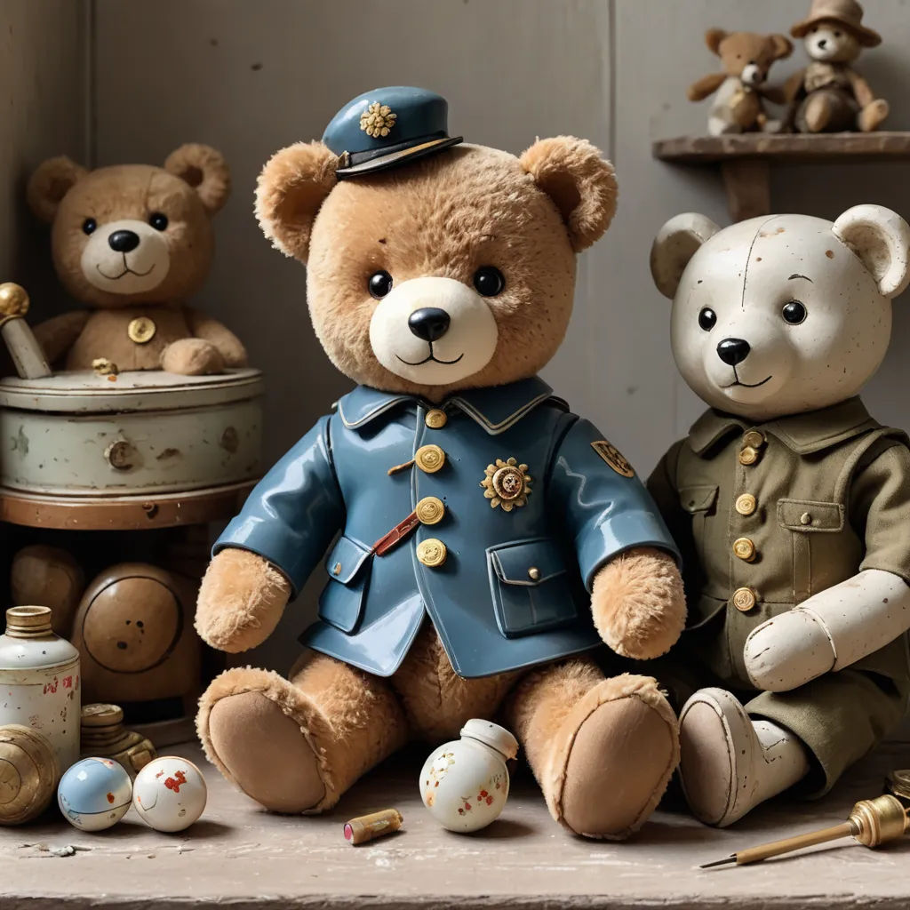 a group of teddy bears dressed in military uniforms and hats sitting on a shelf with other teddy bears and other items, arts and crafts movement, a still life, Beatrix Potter, finely detailed