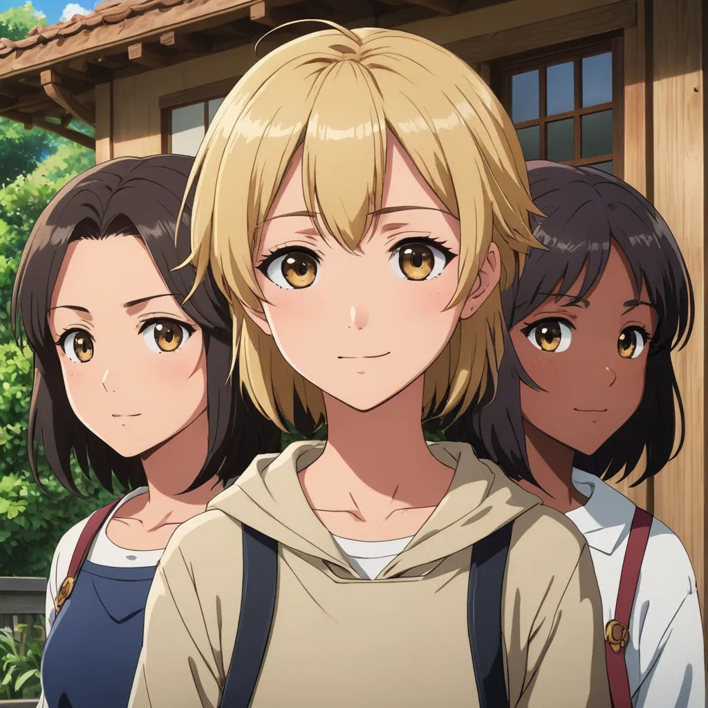 three girls standing in front of a house with trees in the background and a building in the background with a roof, serial art, a character portrait, Ai-Mitsu, official art
