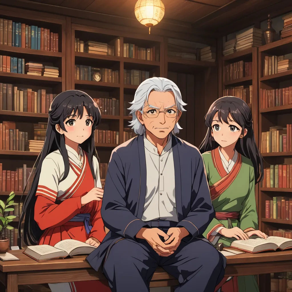 a man sitting on a desk next to two women in front of a bookcase filled with books and a lamp, rayonism, concept art, Aguri Uchida, official art