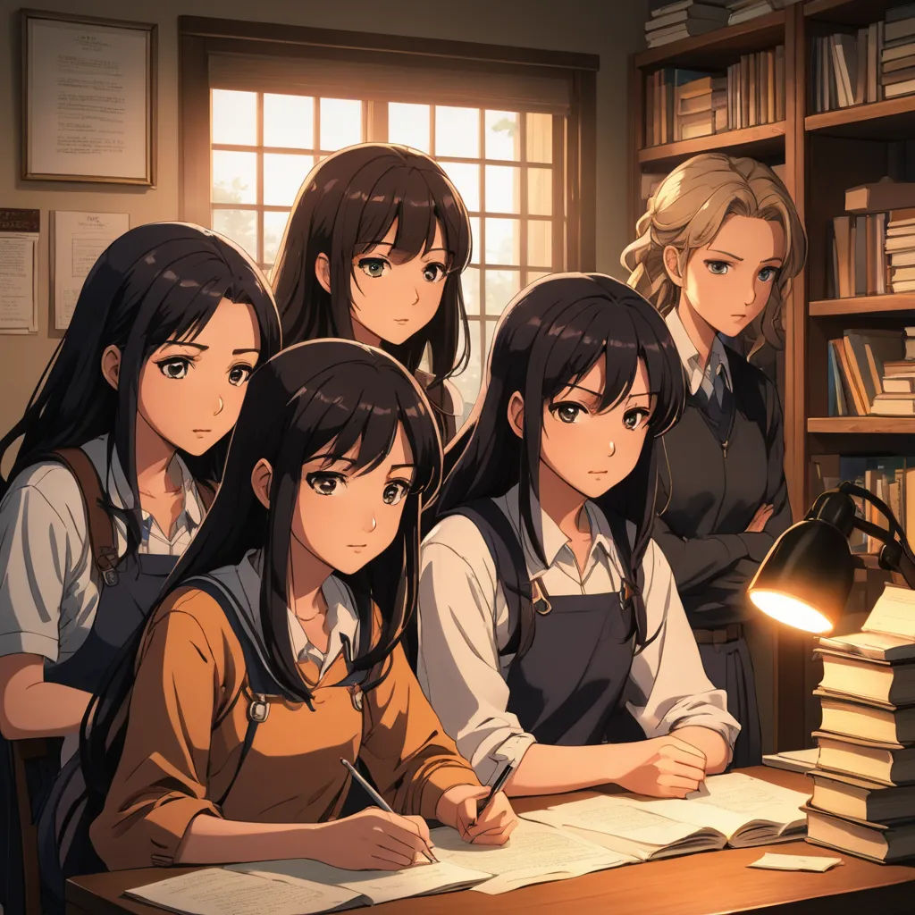 a group of girls sitting at a desk in front of a book shelf with books on it and a lamp, remodernism, concept art, Artgerm, official art