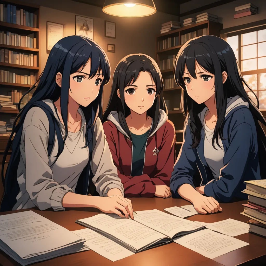 three girls sitting at a table with books and papers in front of them, with a lamp above them, academic art, concept art, Artgerm, official art