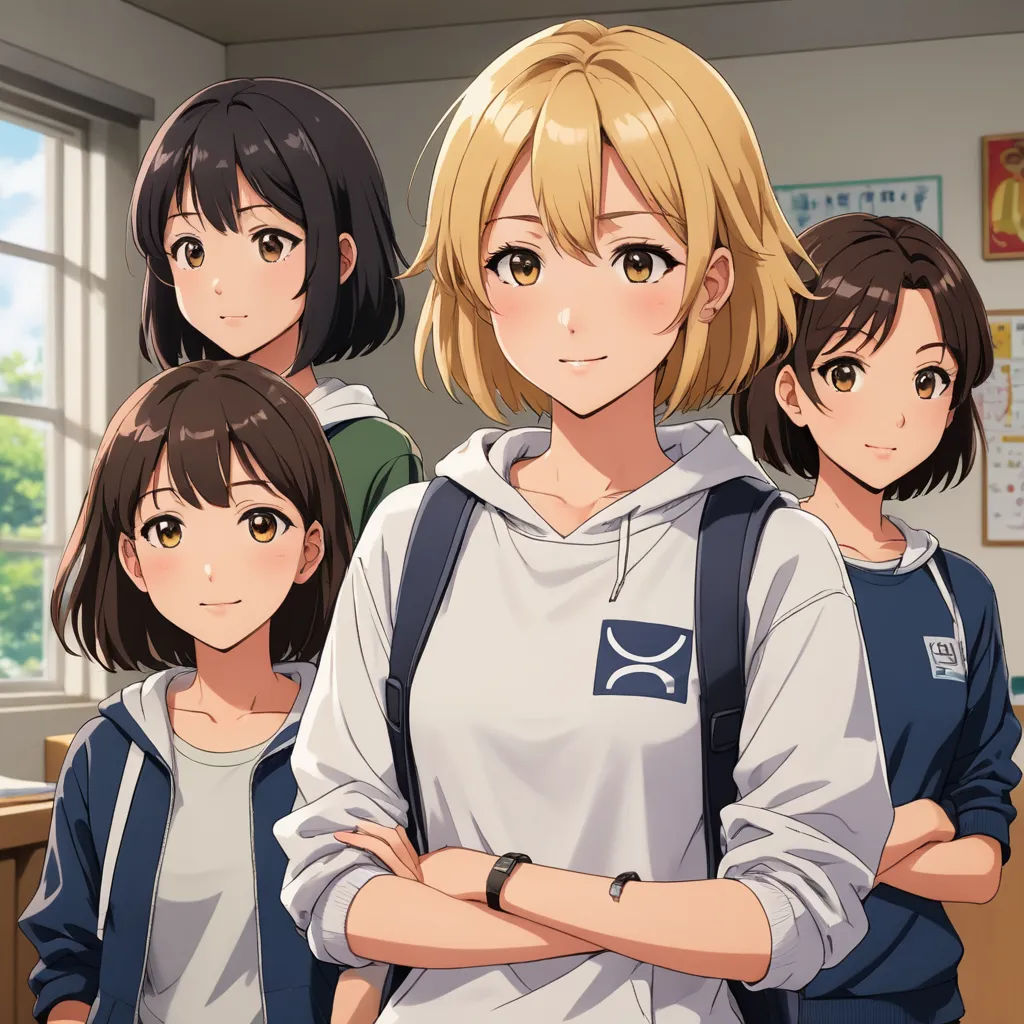a group of young people standing next to each other in a room with windows and a clock on the wall, sots art, an album cover, Ai-Mitsu, official art