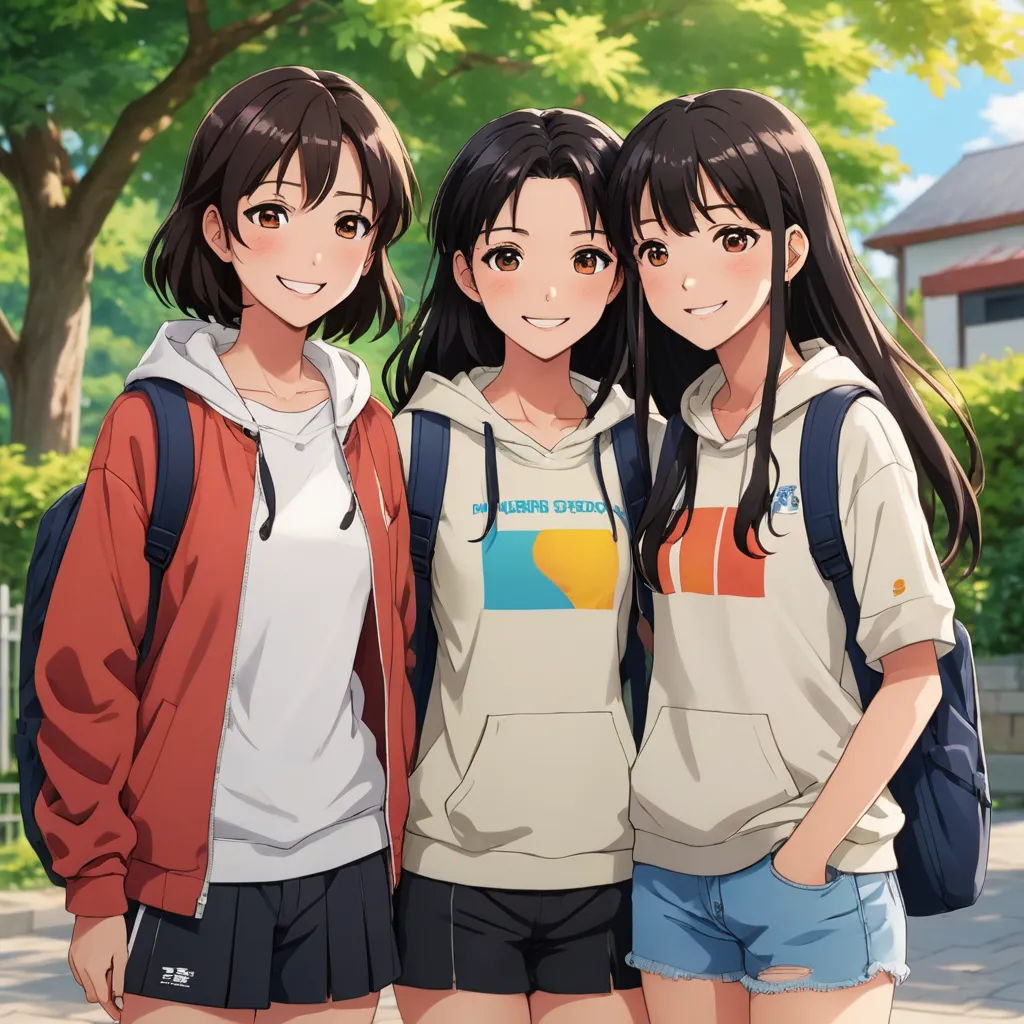 three girls standing next to each other in front of a tree and a building with a sign on it, rayonism, a detailed painting, Ai-Mitsu, official art