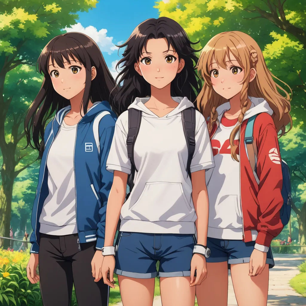 three girls standing next to each other in front of trees and bushes, with one girl in the foreground, sots art, concept art, Ai-Mitsu, official art