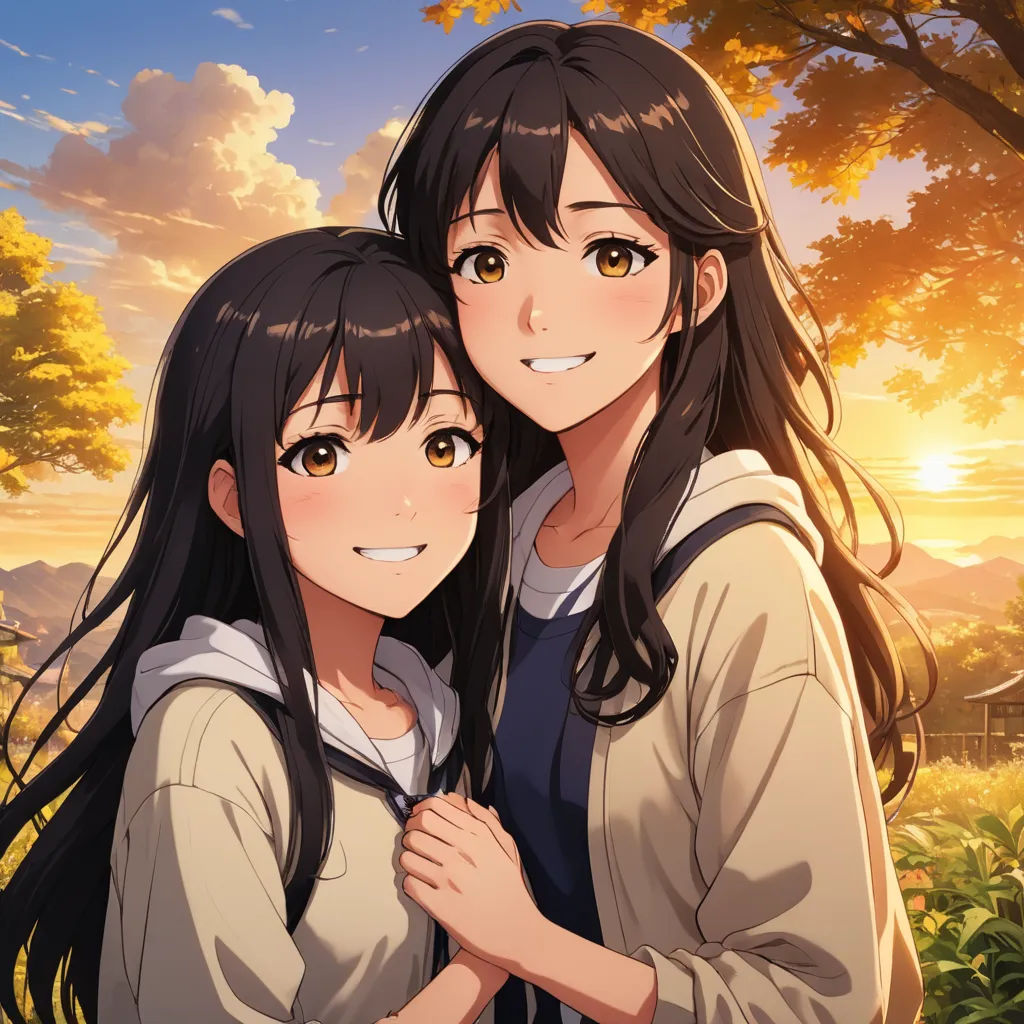 two anime girls hugging each other in front of a sunset background with trees and grass in the foreground, rayonism, a detailed painting, Ai-Mitsu, official art