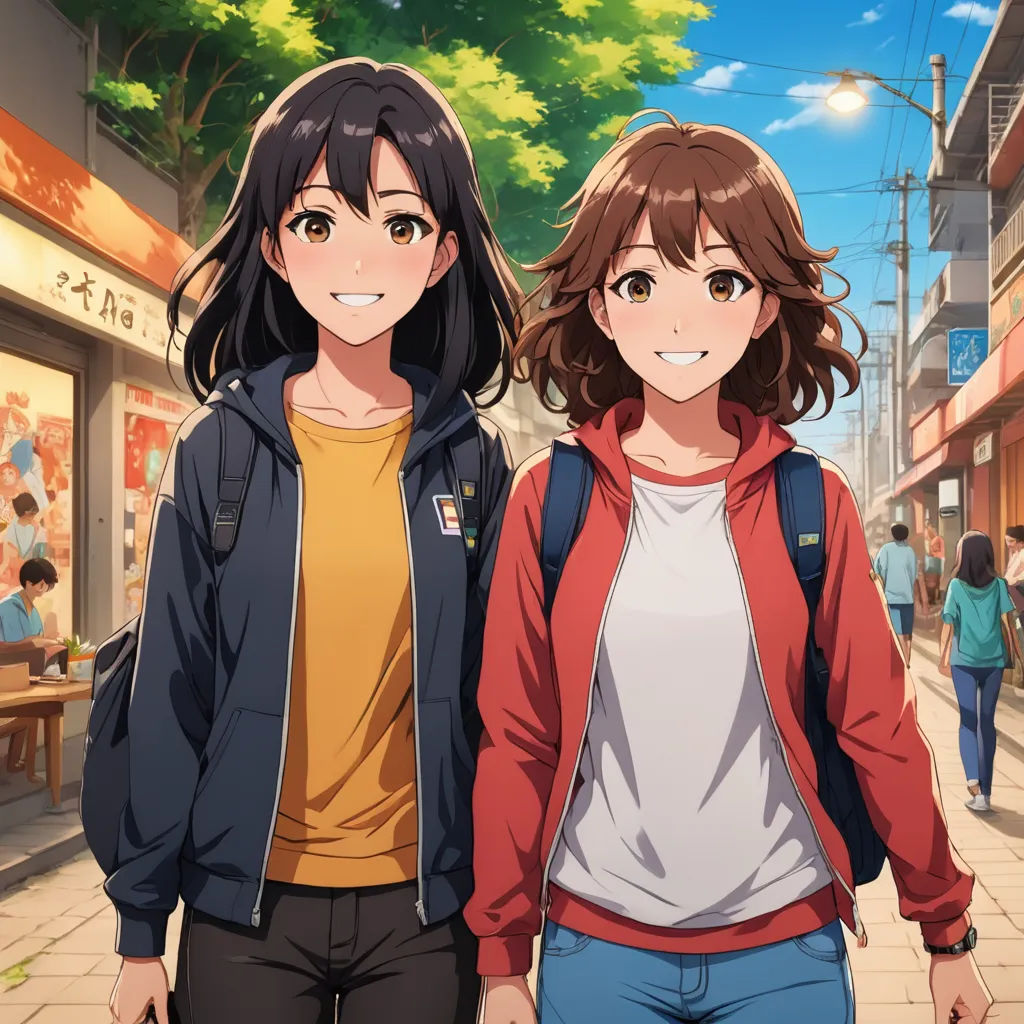 two young women standing next to each other on a street corner in front of a tree filled with leaves, rayonism, concept art, Ai-Mitsu, official art