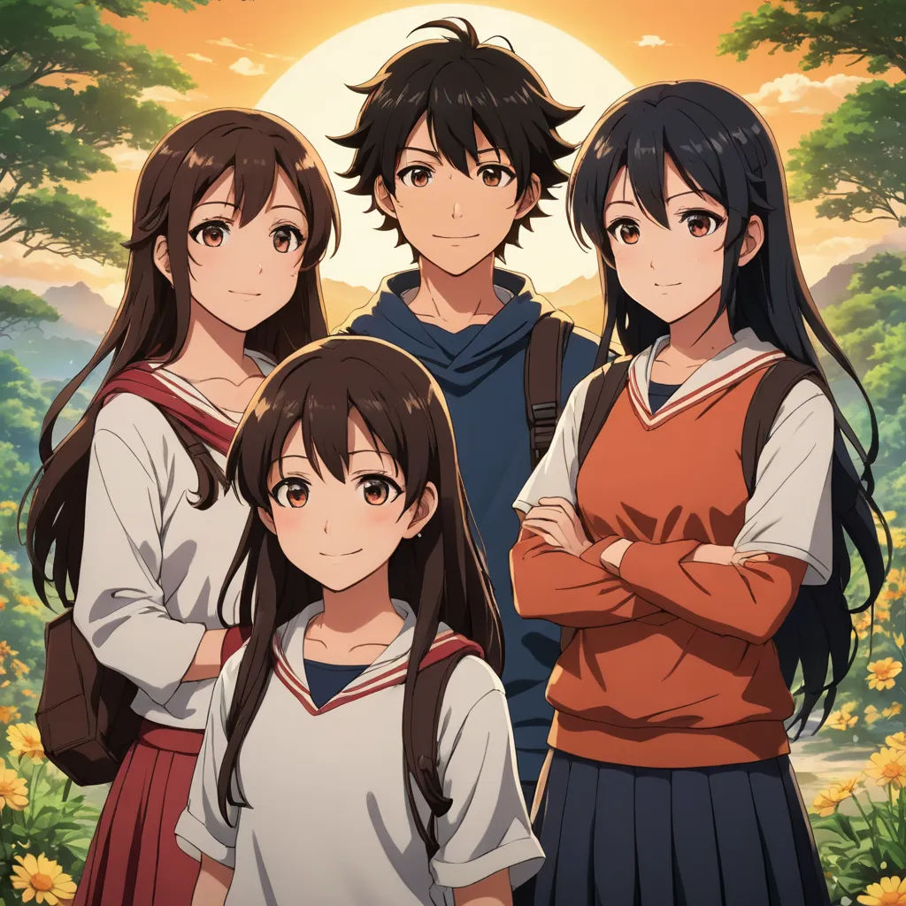 a group of young people standing next to each other in front of a sunset and trees with flowers in the background, rayonism, poster art, Ai-Mitsu, official art