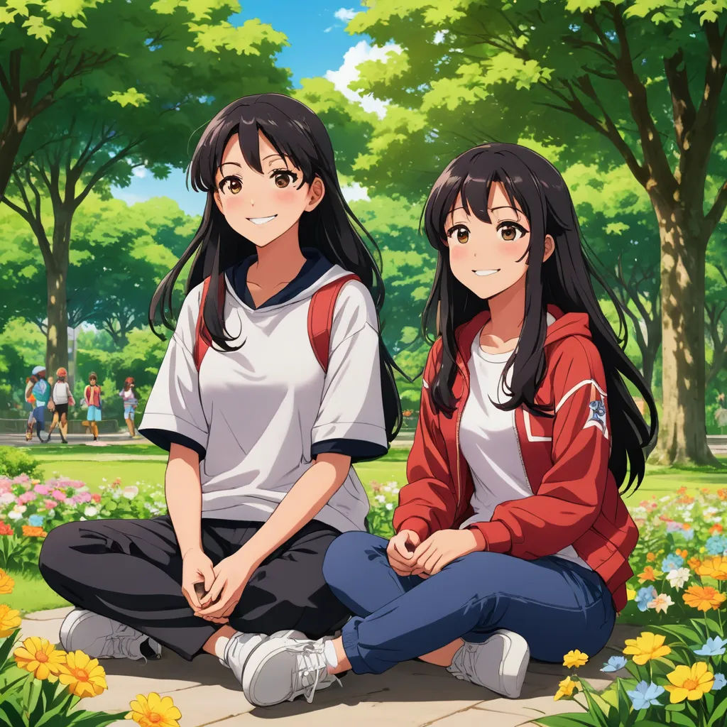 two anime girls sitting on the ground in a park with flowers and trees in the background, one of them is looking at the camera, rayonism, an album cover, Ai-Mitsu, official art