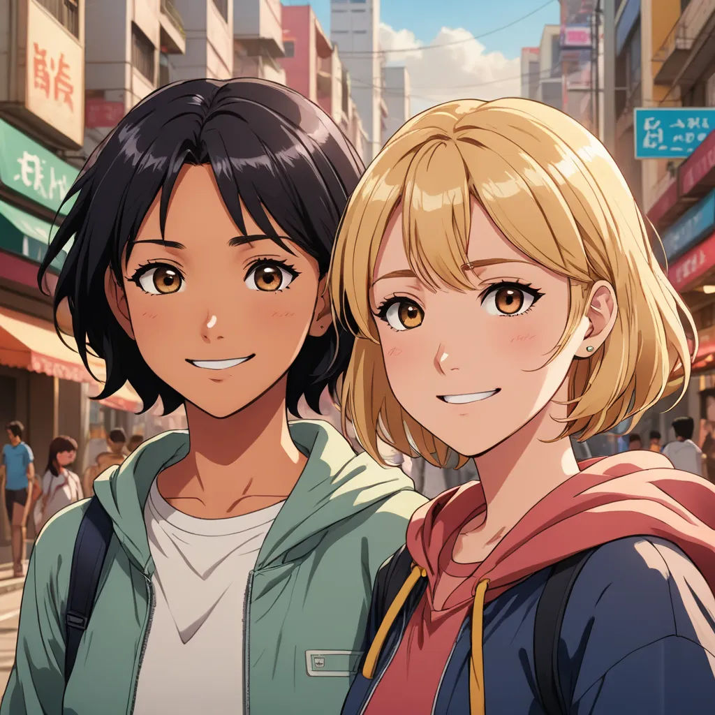 two anime girls standing next to each other in a city street with buildings in the background and people walking on the sidewalk, remodernism, a comic book panel, Artgerm, official art