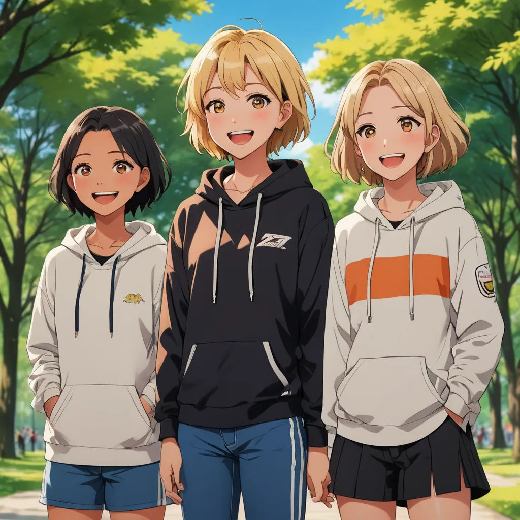 three anime girls standing next to each other in a park with trees in the background and a man in the foreground, sots art, an album cover, Ay-O, official art