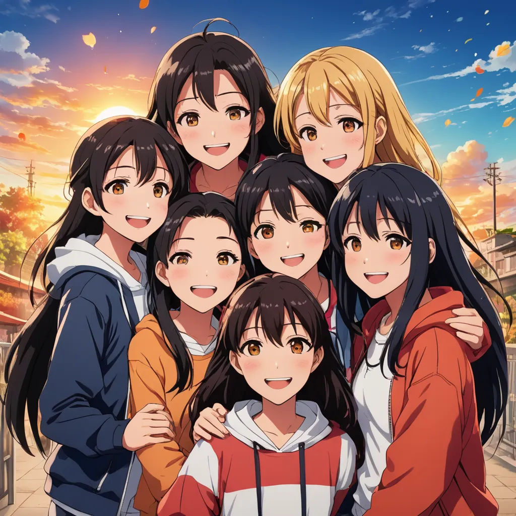 a group of young people standing next to each other in front of a sunset sky with a sky background, rayonism, an album cover, Ai-Mitsu, official art