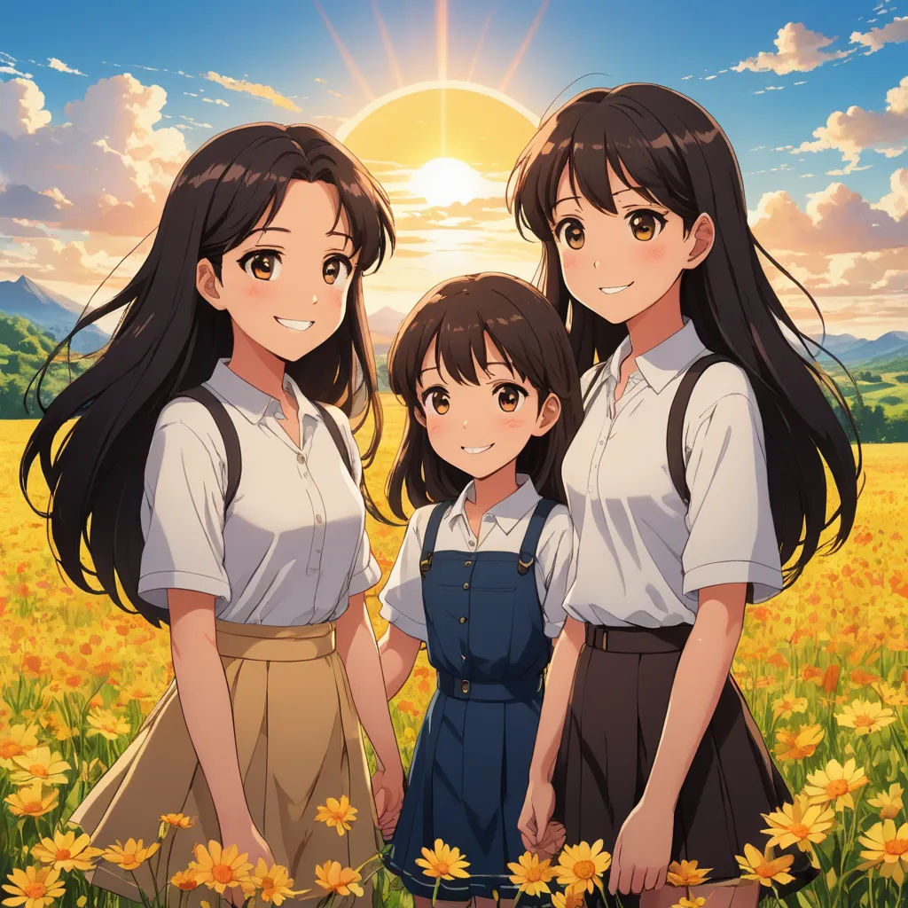 two girls and a girl standing in a field of flowers with the sun in the background and the sky, rayonism, poster art, Aya Goda, official art