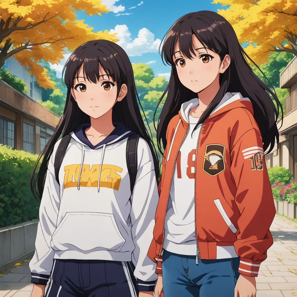 two girls in school uniforms standing next to each other on a sidewalk in front of a tree with yellow leaves, rayonism, an album cover, Ai-Mitsu, official art