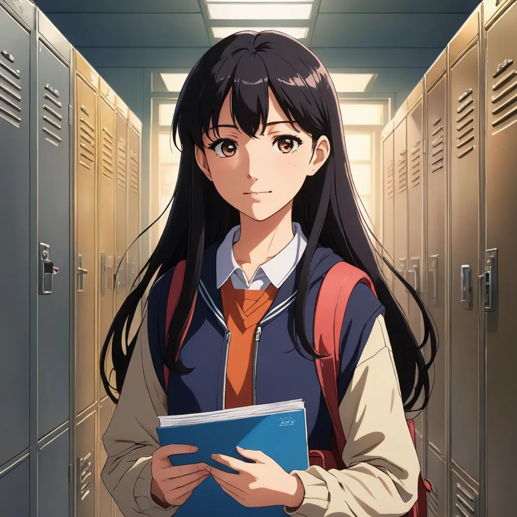 a girl in a school uniform holding a folder in a hallway with lockers in the background and a book in her hand, remodernism, a character portrait, Ayako Rokkaku, official art