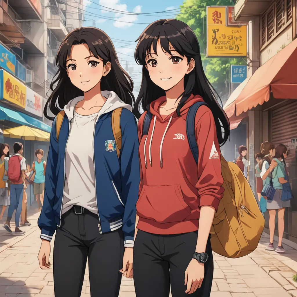 two young women standing on a street in front of a crowd of people with backpacks on their backs, rayonism, concept art, Artgerm, official art