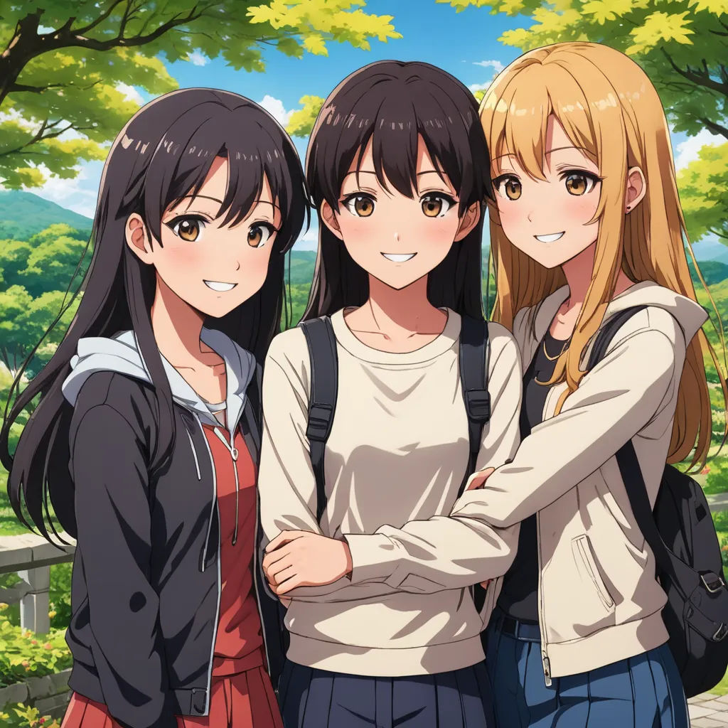 three girls standing next to each other in front of a tree and a bench with a bench in the background, serial art, poster art, Ai-Mitsu, official art