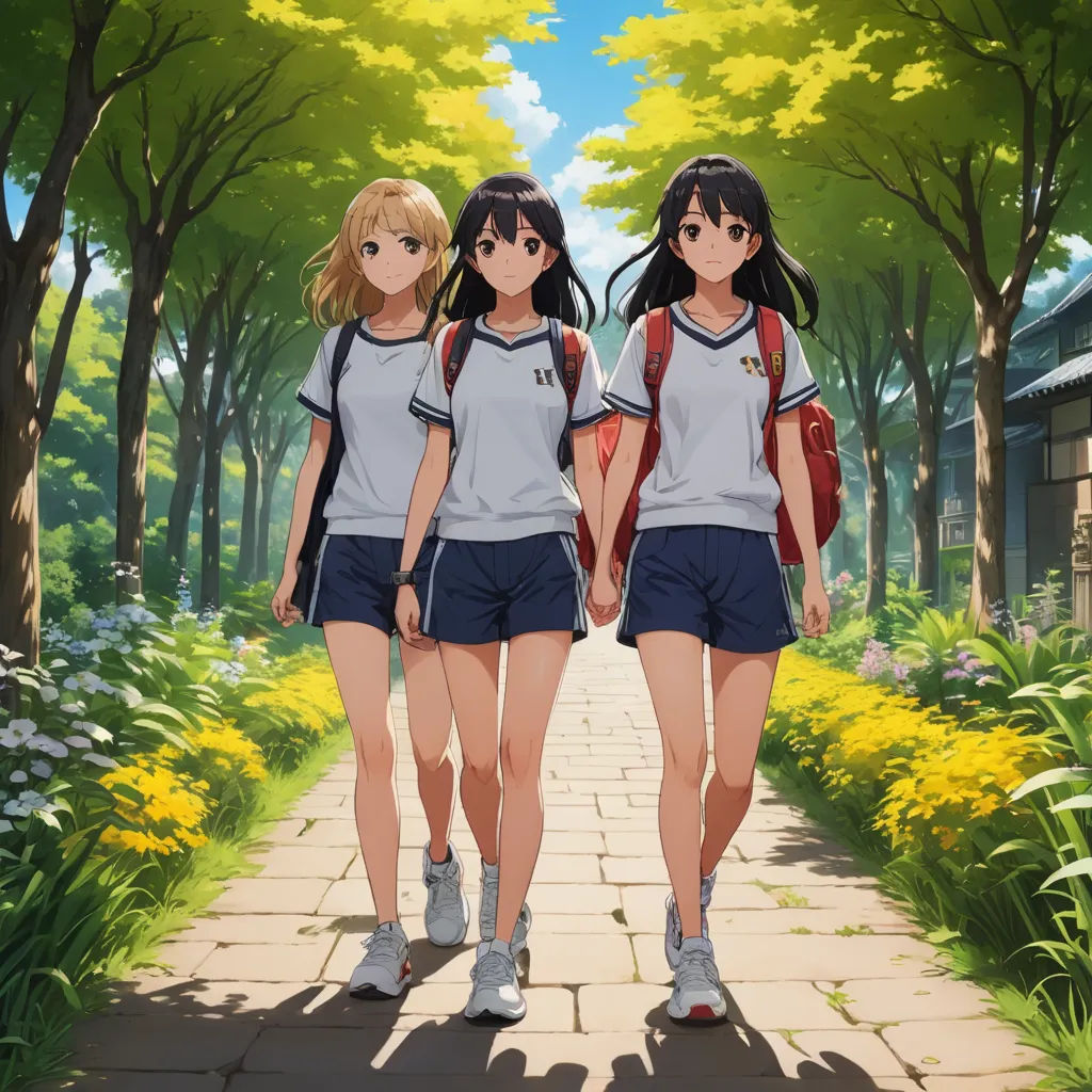 two girls walking down a path in a park with trees and flowers on either side of them, one of them is wearing a backpack, serial art, a detailed painting, Ai-Mitsu, official art