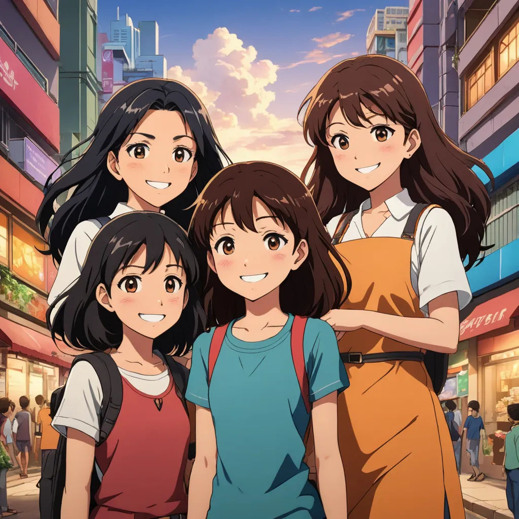 a group of girls standing next to each other in a city street at sunset time with buildings in the background, rayonism, a poster, disney, official art