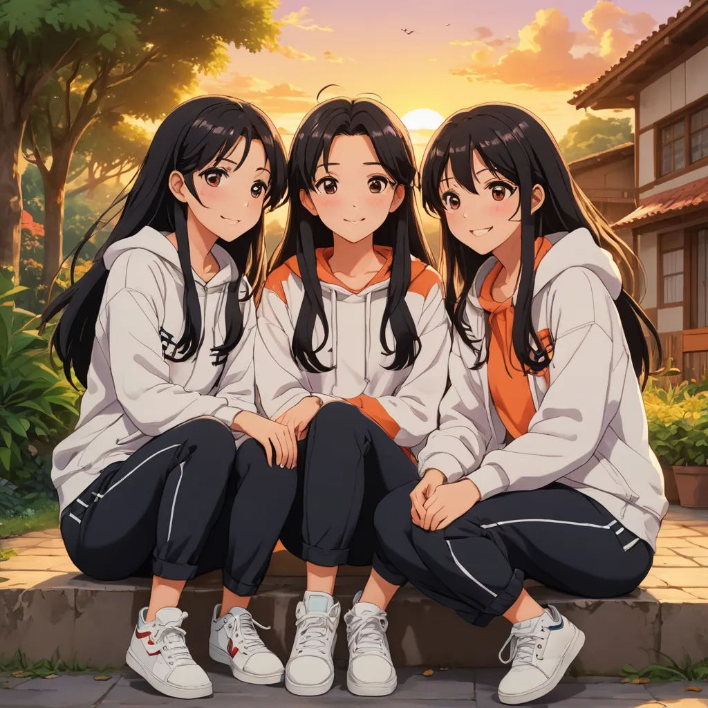 three girls sitting on a bench in front of a sunset with trees and buildings in the background, with the sun shining through the trees, rayonism, an album cover, Ai-Mitsu, official art
