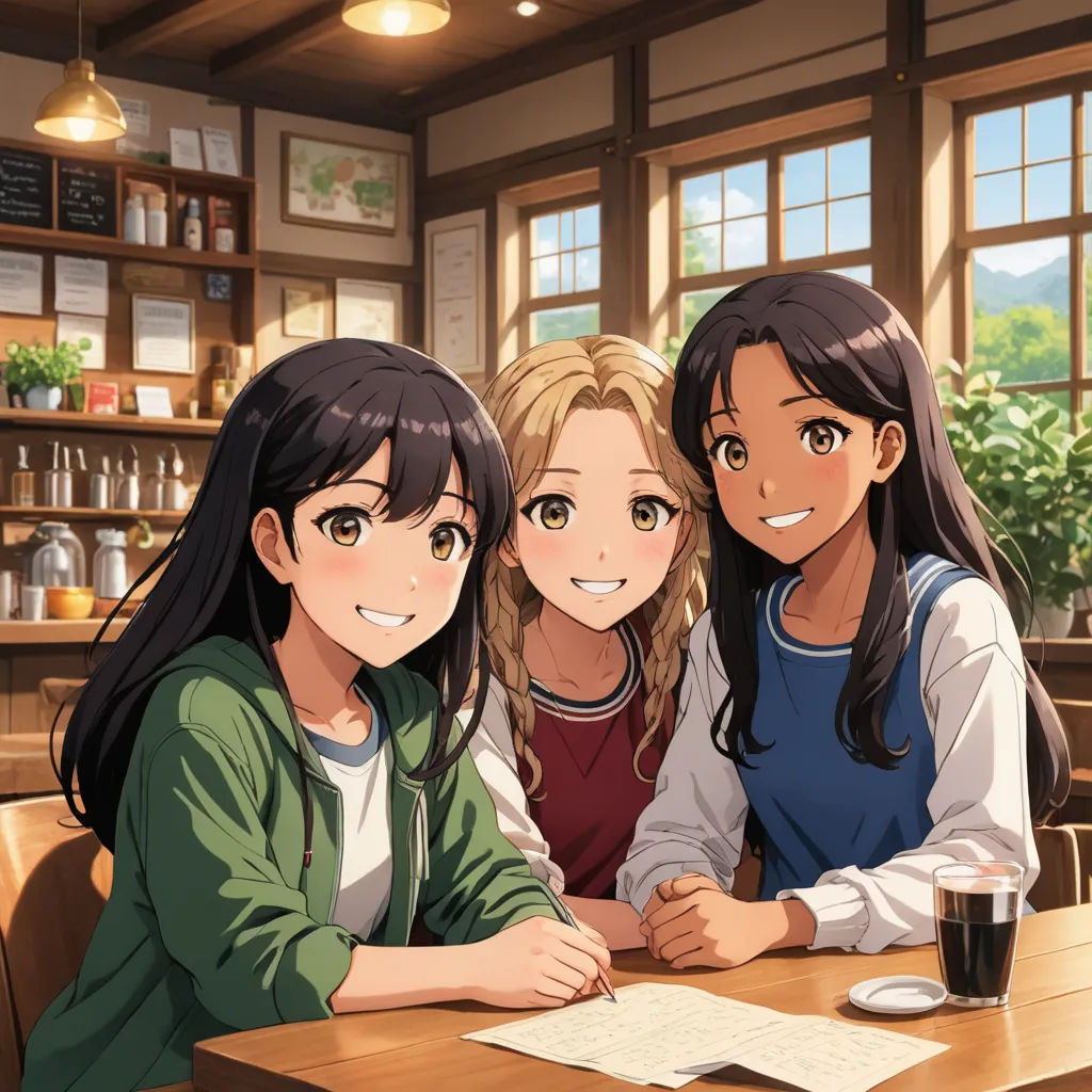 three girls sitting at a table with a menu and a drink in front of them, and a menu in front of them, rayonism, an album cover, Anne Said, official art