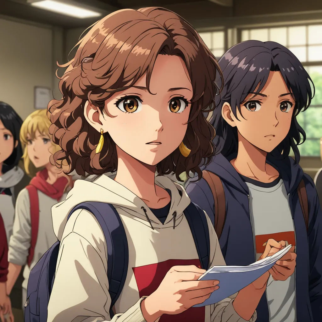 a group of people standing in a room with a menu in their hands and a person holding a drink, serial art, a screenshot, Anne Said, official art