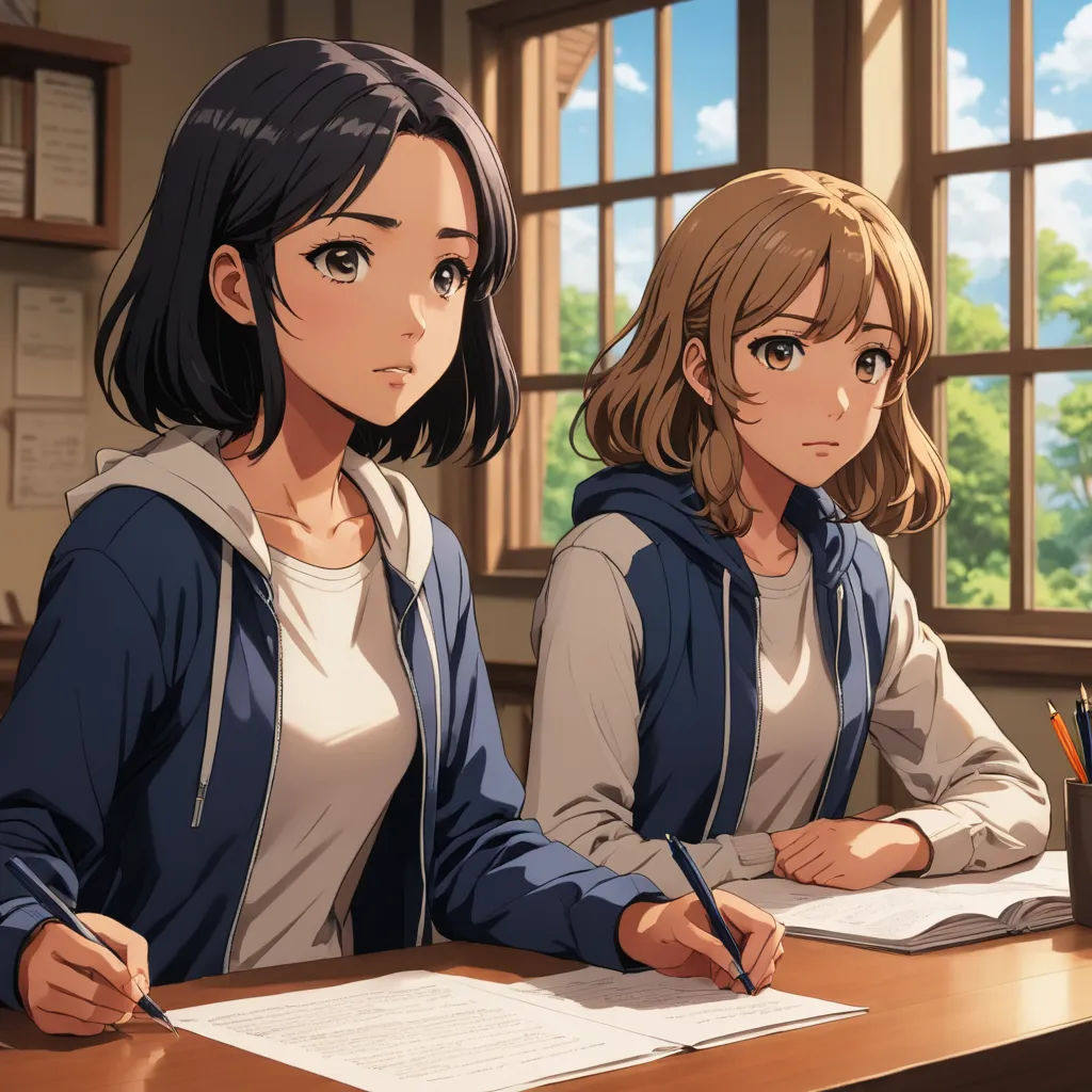 two girls sitting at a desk with a pen and paper in front of them, looking at the camera, sots art, computer graphics, Artgerm, official art