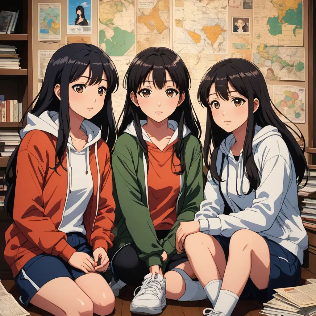 three girls sitting on the floor in front of a map and a bookcase with books on it,, rayonism, an album cover, Ai-Mitsu, official art