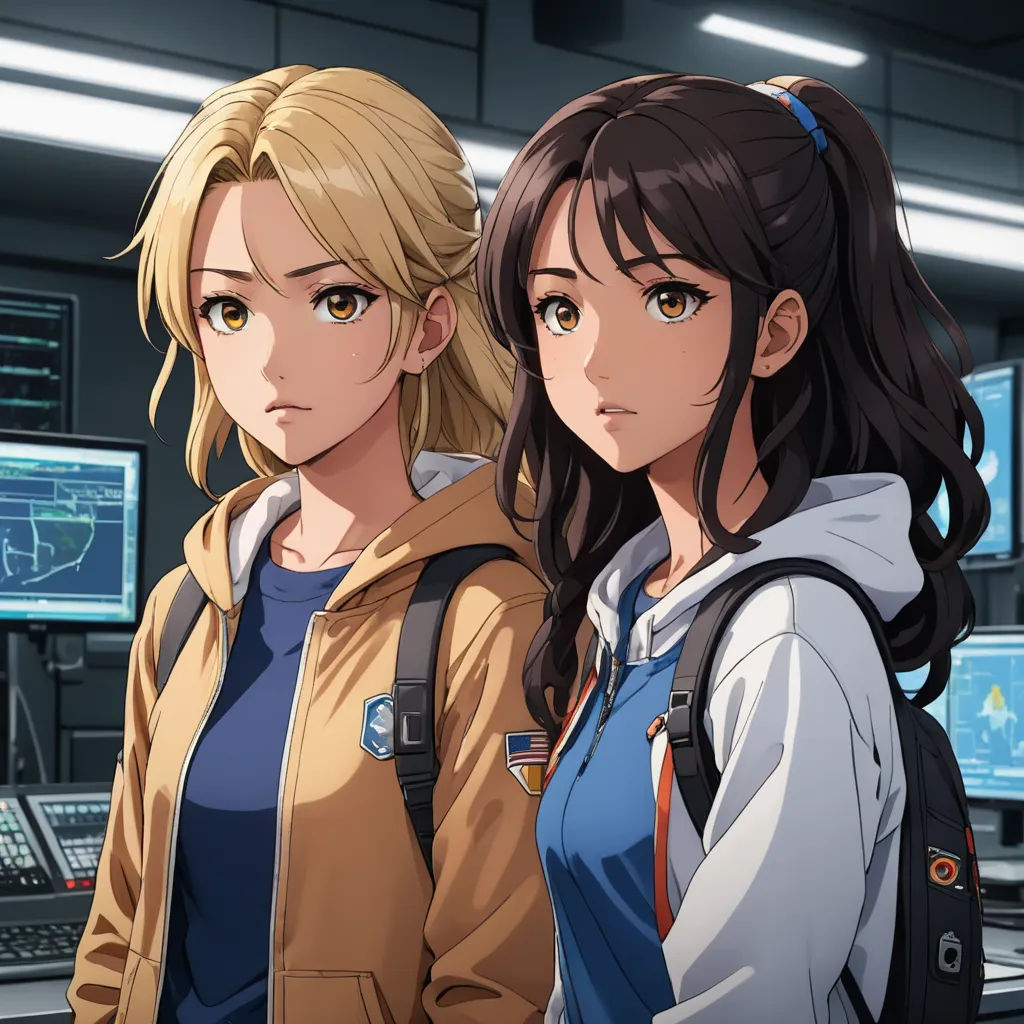 two anime girls standing in front of a computer screen with a monitor in the background and a keyboard in the foreground, space art, concept art, Ai-Mitsu, official art