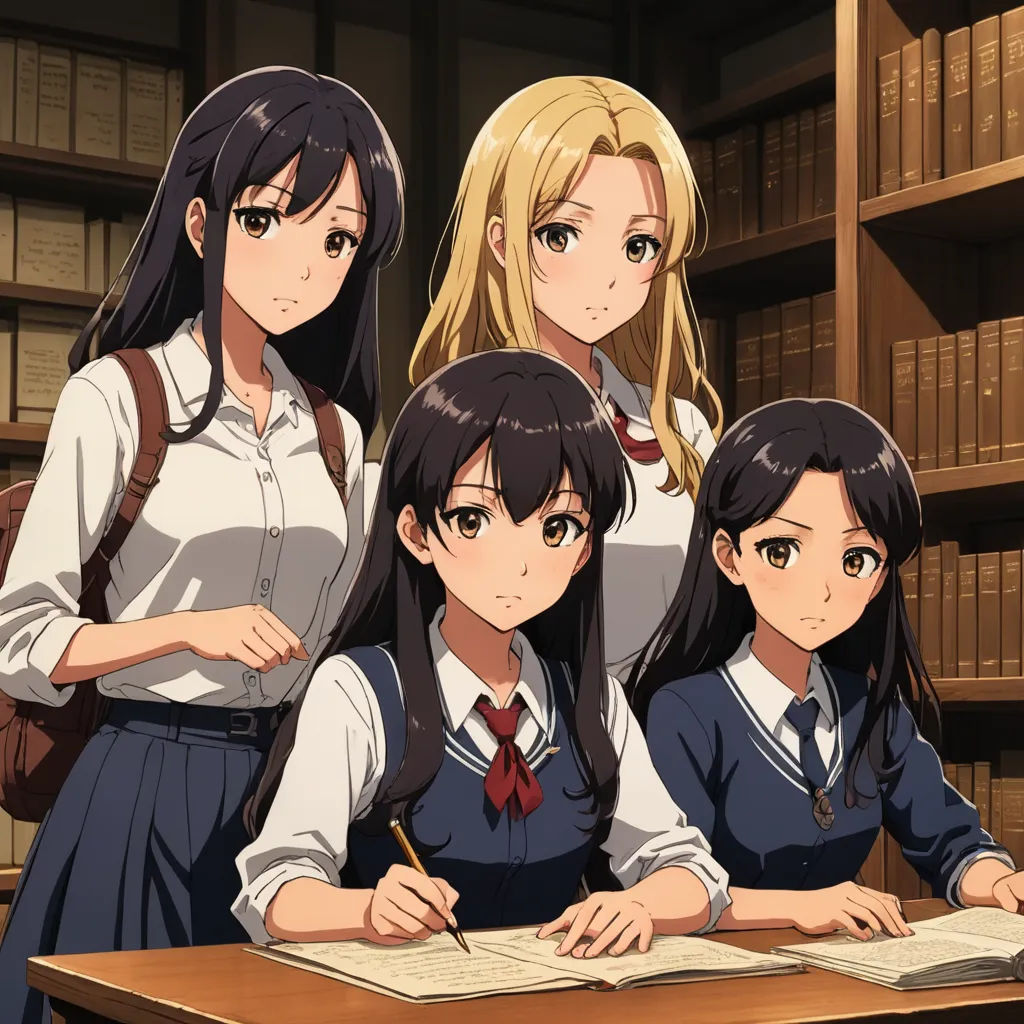 a group of girls sitting at a table in a library with books on it and a bookcase behind them, remodernism, computer graphics, Ai-Mitsu, official art