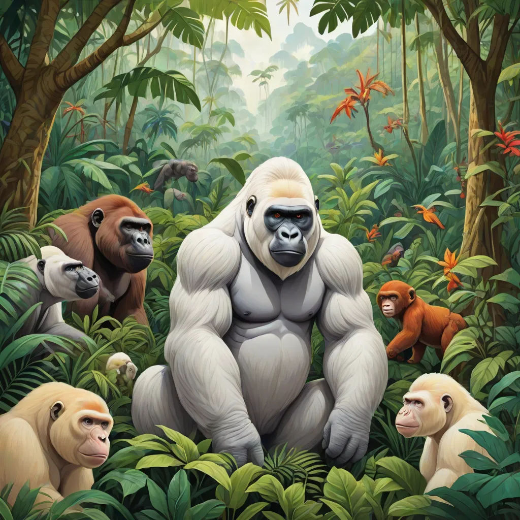 a painting of a gorilla sitting in the middle of a jungle with other animals around him and a baby monkey, naturalism, an album cover, Alex Petruk APe, highly detailed digital art
