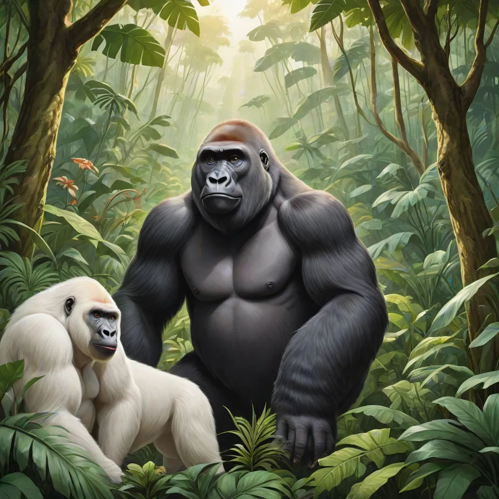 a gorilla and a monkey in a jungle with trees and plants around them, with sunlight shining through the trees, furry art, a painting, Alex Petruk APe, official art
