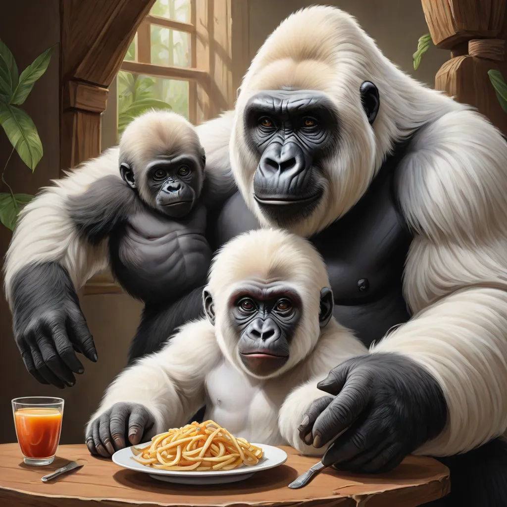 a painting of a gorilla and a baby gorilla eating spaghetti together with a glass of orange juice in front of them, fantastic realism, an oil painting, Alex Petruk APe, highly detailed digital painting