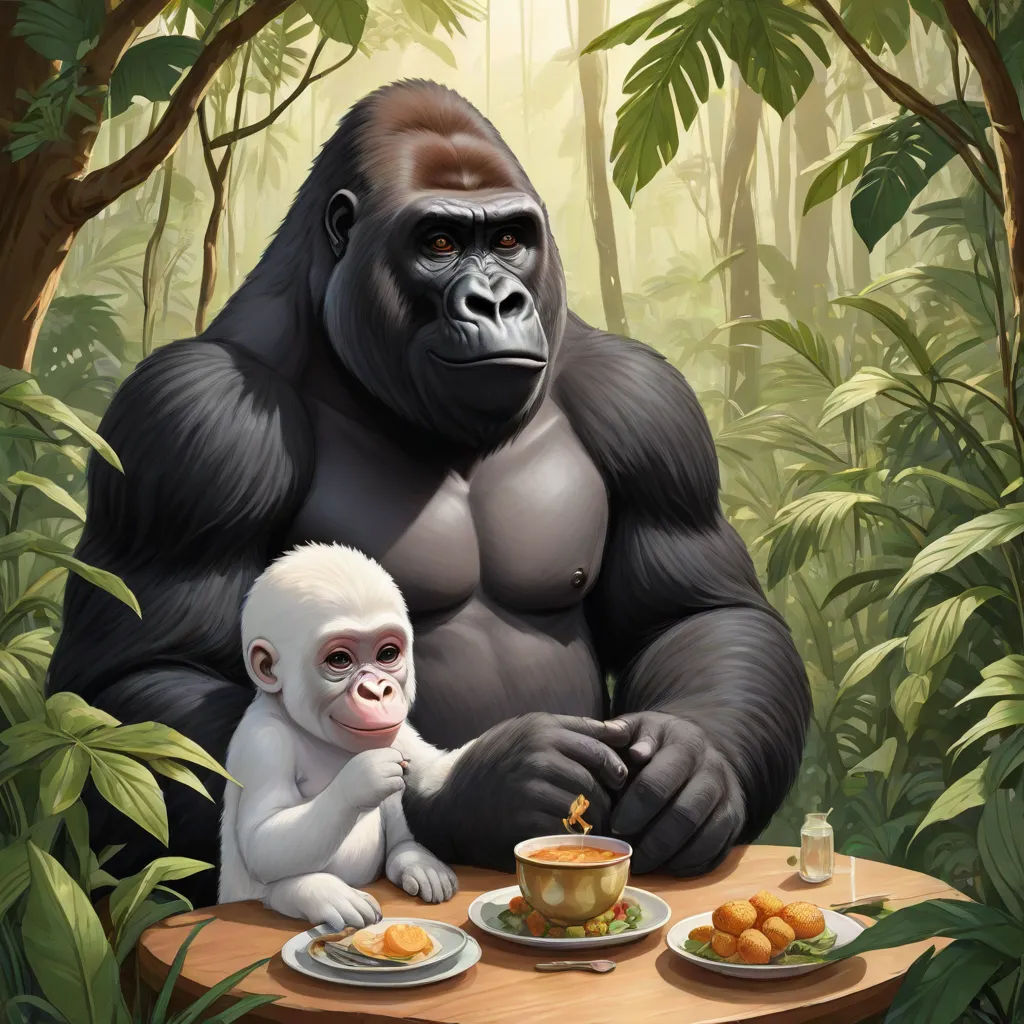 a gorilla and a baby gorilla sitting at a table in the jungle eating food from plates on the table, pop surrealism, a storybook illustration, Chris LaBrooy, cgstudio