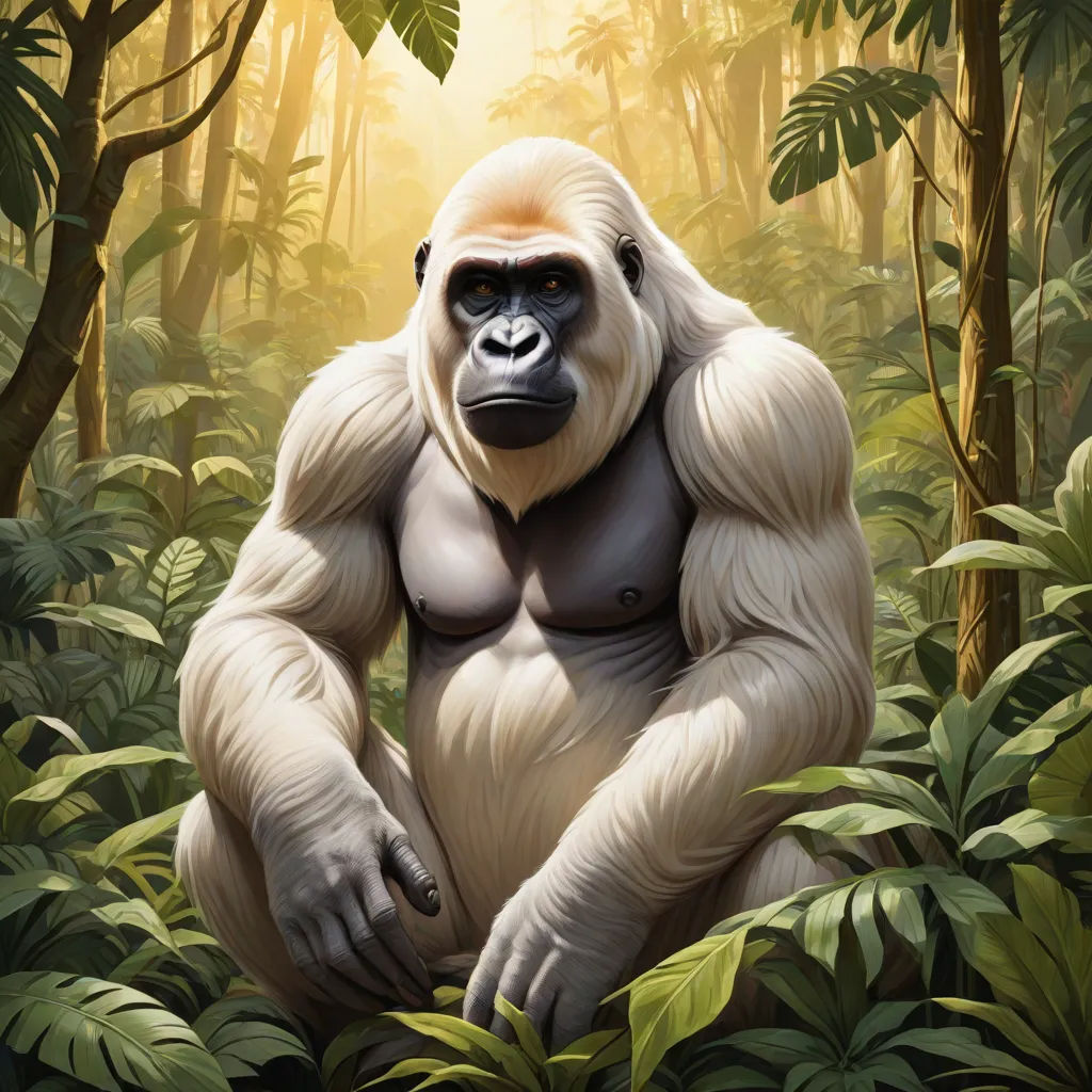 a gorilla sitting in the middle of a jungle with trees and plants around it, with the sun shining through the trees, furry art, a painting, Chris LaBrooy, official art
