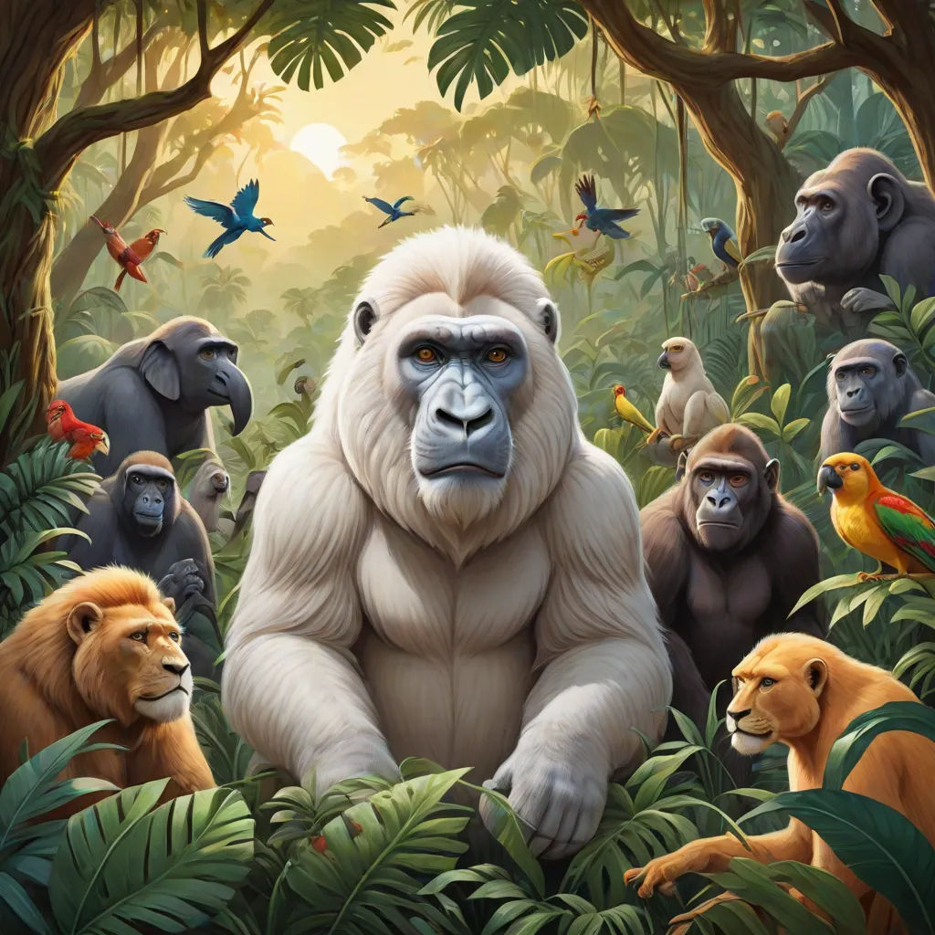 a painting of a gorilla surrounded by other animals in a jungle setting with birds and trees in the background, naturalism, an album cover, Chris LaBrooy, promotional image