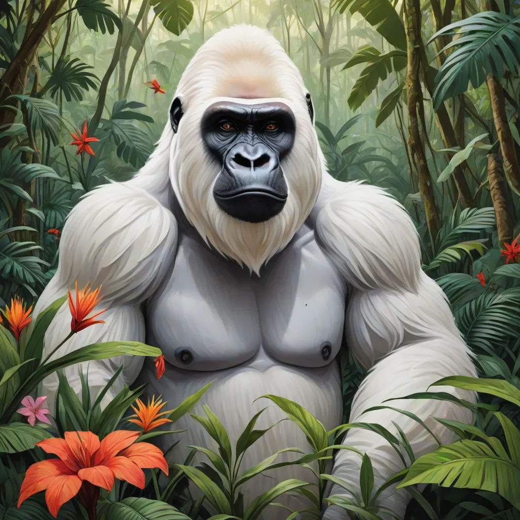 a gorilla with a big white body in the jungle with flowers and plants around it, with a butterfly flying above, naturalism, an album cover, Chris LaBrooy, highly detailed digital art