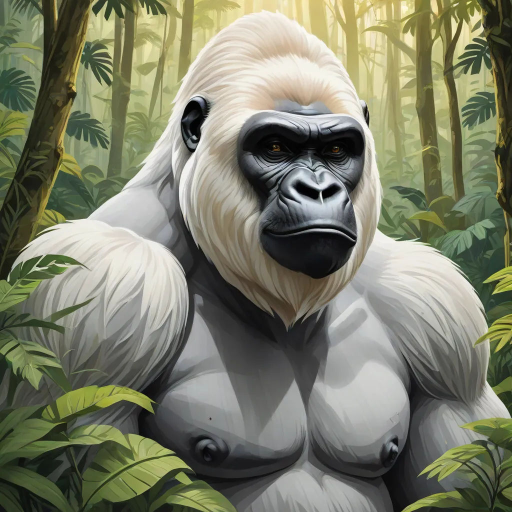 a gorilla standing in the middle of a forest with trees and plants around it's sides and his chest is covered in a thick coat of fur, furry art, a digital painting, Alex Petruk APe, highly detailed digital painting