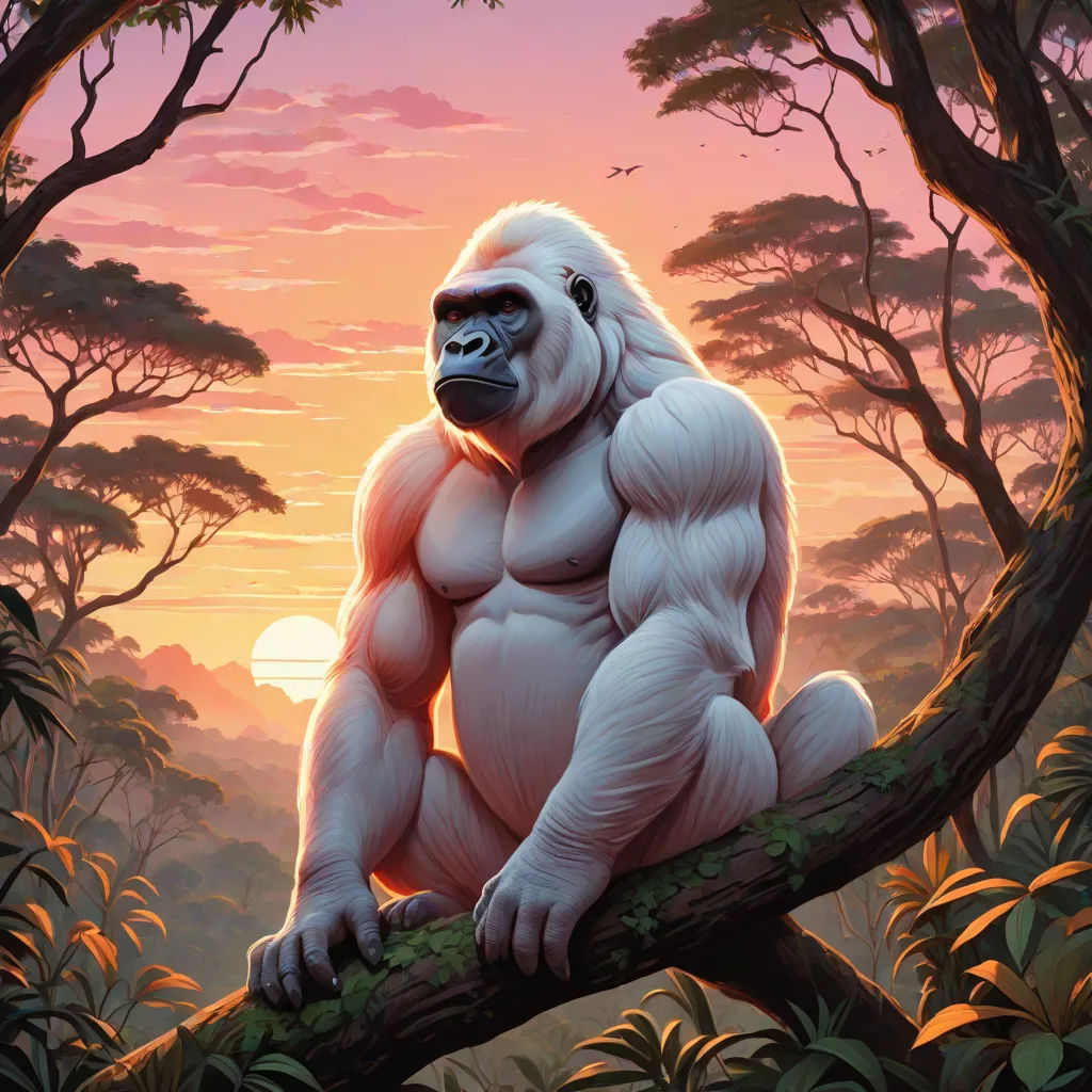 a gorilla sitting on a tree branch in a forest with a sunset in the background and a bird flying overhead, furry art, a fine art painting, Alex Petruk APe, rossdraws global illumination
