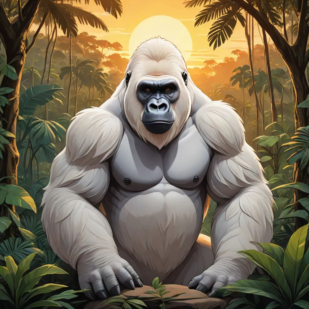 a gorilla sitting in the middle of a jungle with a sunset in the background and trees around it,, furry art, an album cover, Chris LaBrooy, official art