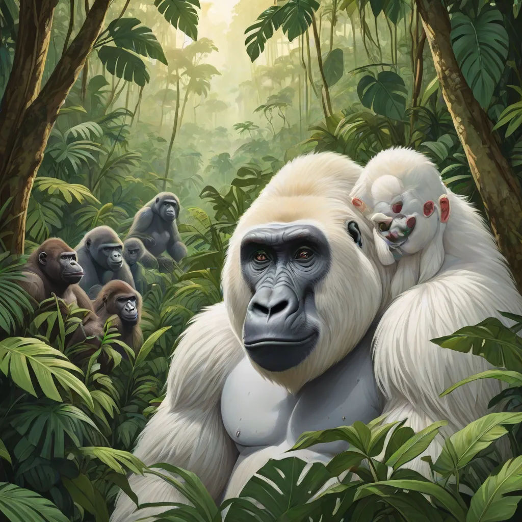 a painting of a gorilla and a baby gorilla in the jungle with other gorillas in the background and trees, naturalism, an oil painting, Alex Petruk APe, official art