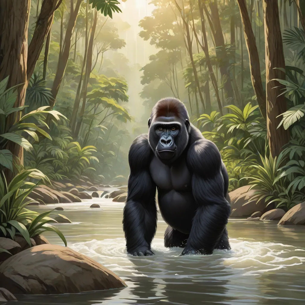 a gorilla standing in a river surrounded by trees and rocks with a sunbeam in the background and a stream running through it, furry art, a digital painting, Chris LaBrooy, official art