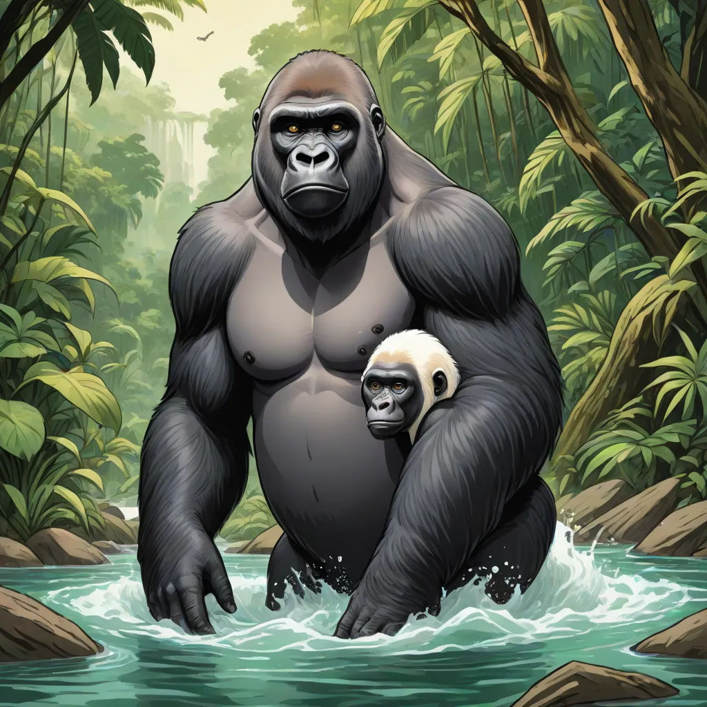a gorilla and a monkey are in a river together in the jungles of a tropical island with trees and rocks, furry art, a storybook illustration, Alex Petruk APe, official art