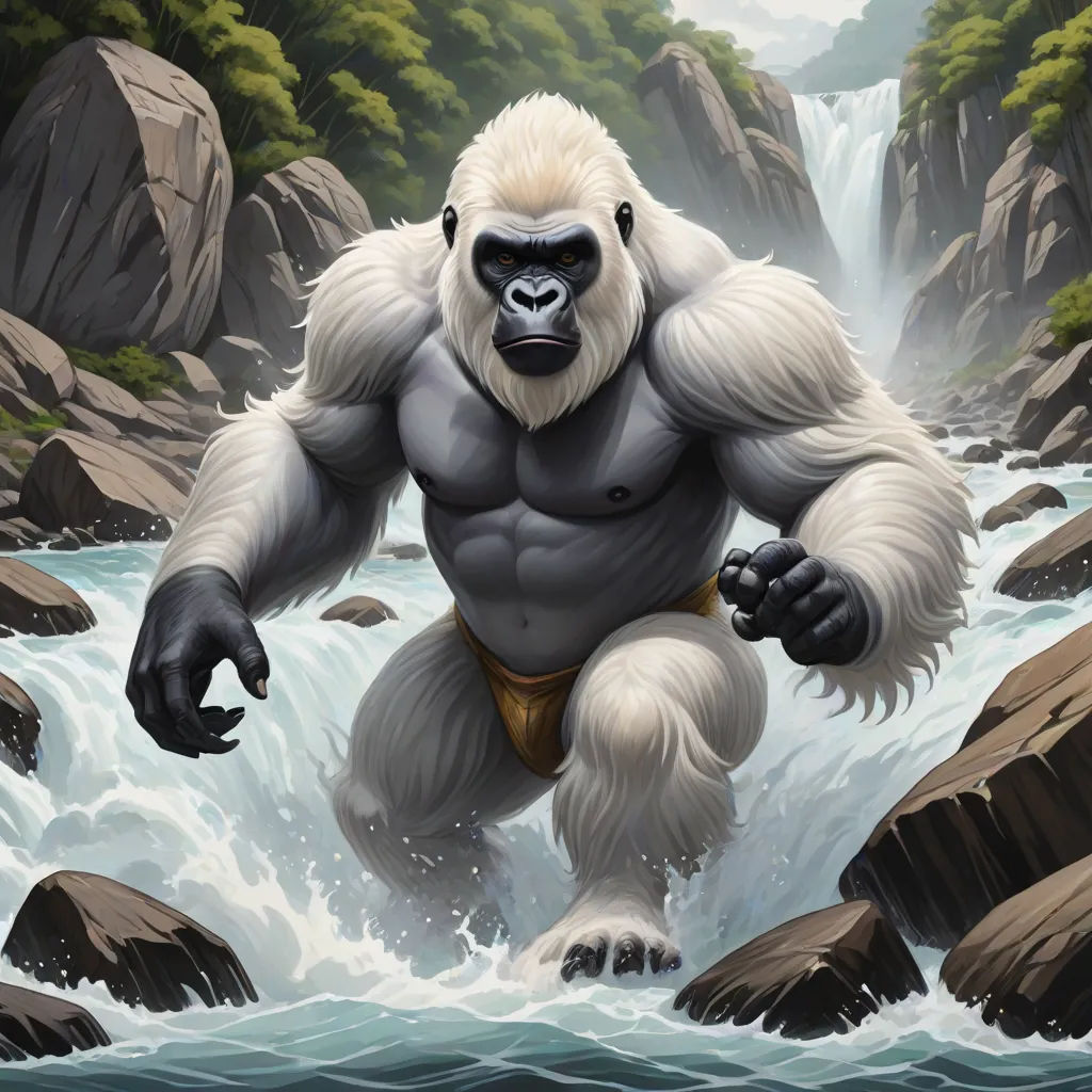 a gorilla standing in a river with a waterfall in the background and rocks in the foreground, and a waterfall in the background, furry art, a fine art painting, Ed Binkley, trending on furaffinity